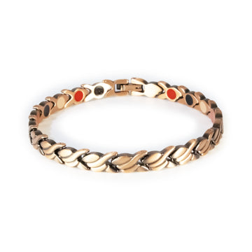 Sundance copper negative ion bracelet with wave-shaped links, front clasped view.